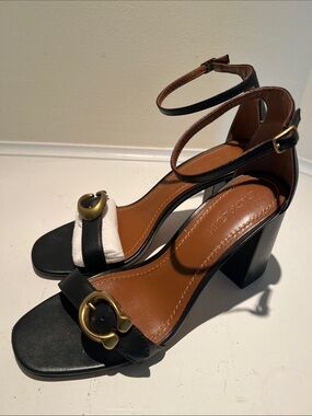 COACH Black Leather Ankle-Strap Block Heels with Gold Accent